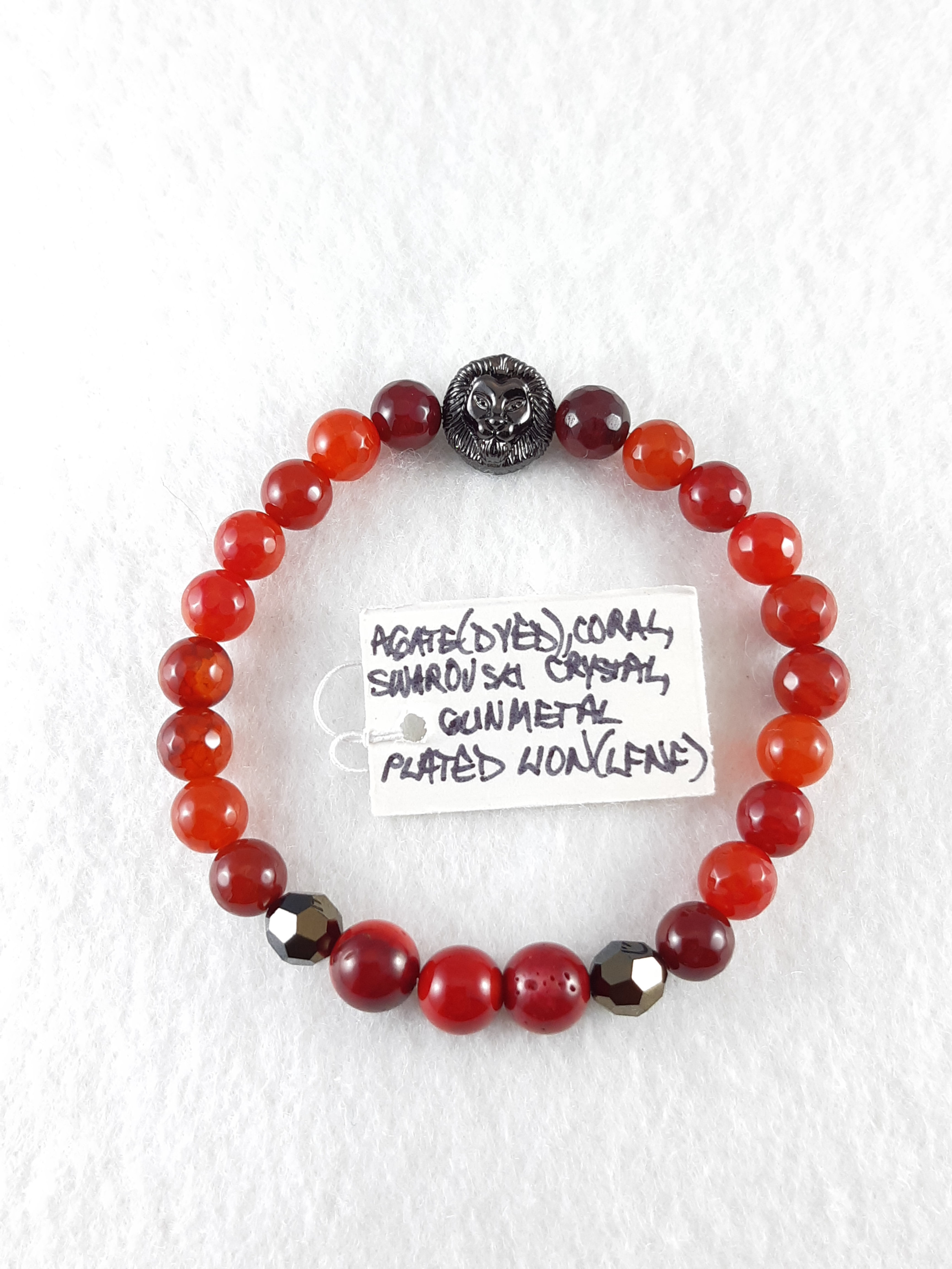 Red agate, coral and Swarovki with Black Lion Bracelet
