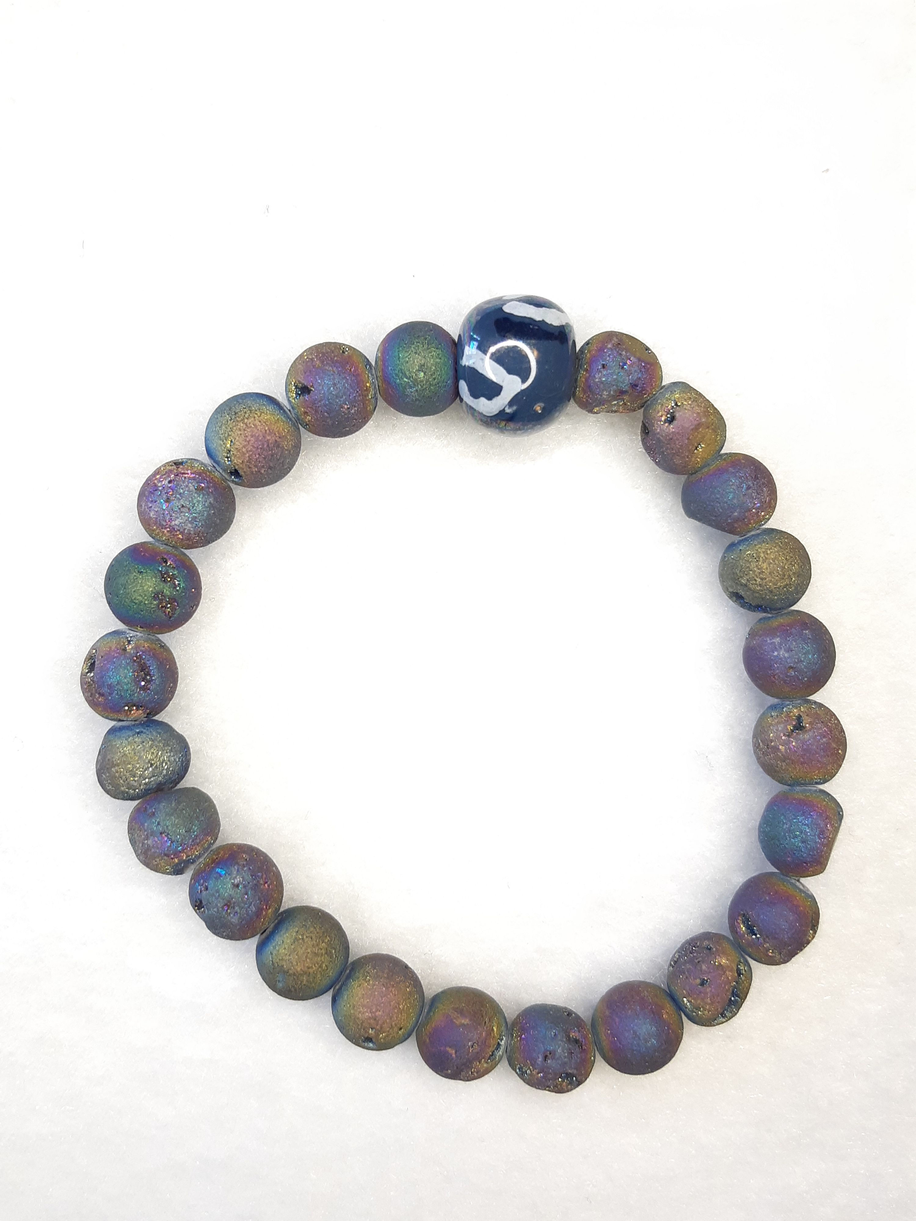 Titanium coated Druzy w Kazuri grey bracelet
