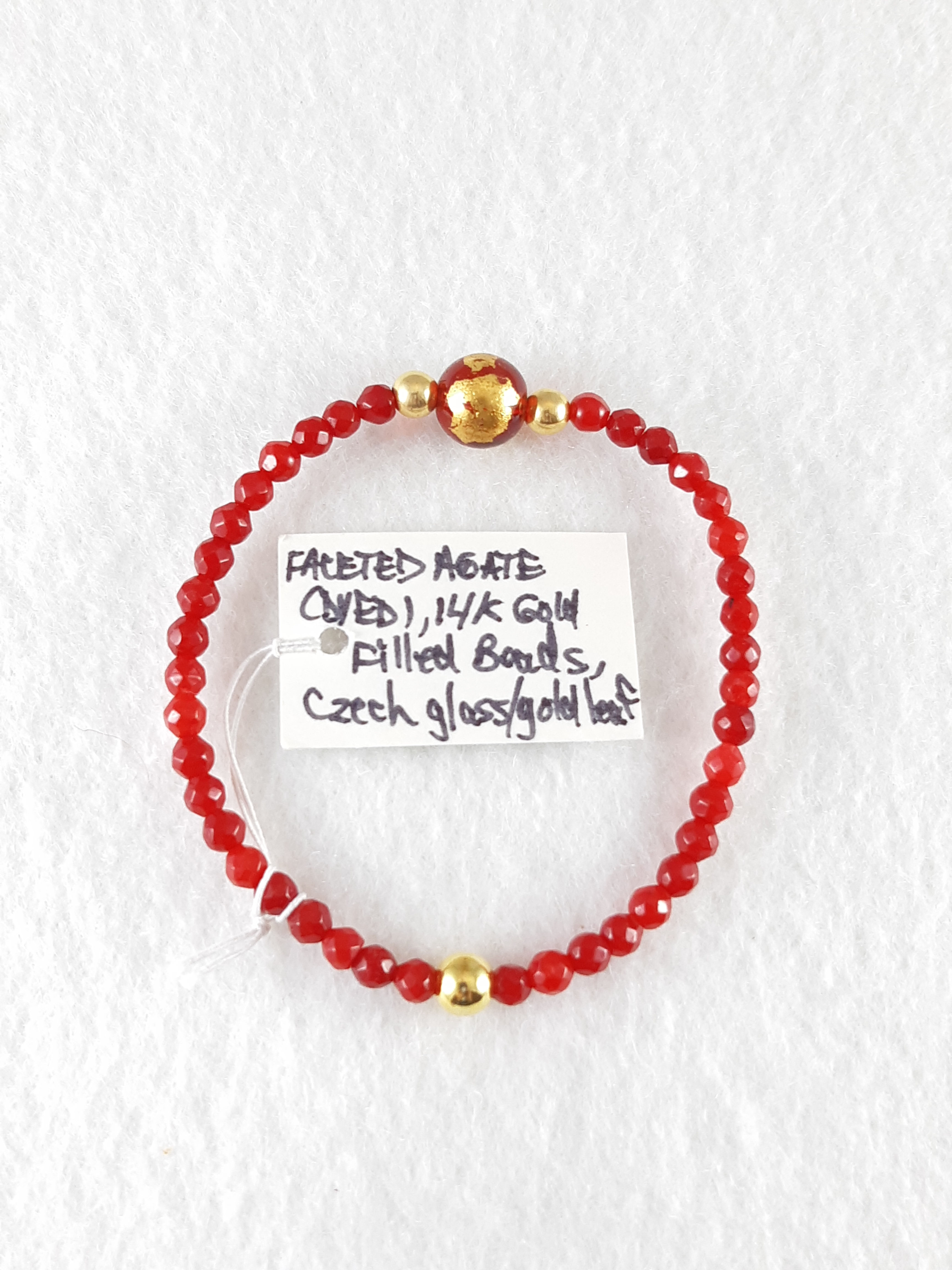 Delicate Red Jade and Glass with Gold Leaf and Gold beads Bracelet
