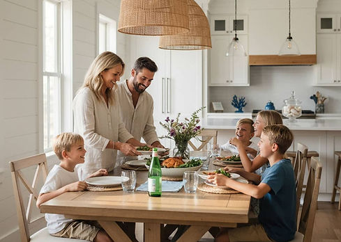 Happy Mount Pleasant SC family enjoying dinner in comfort after ClimateMakers HVAC installation improved cooling and indoor air quality
