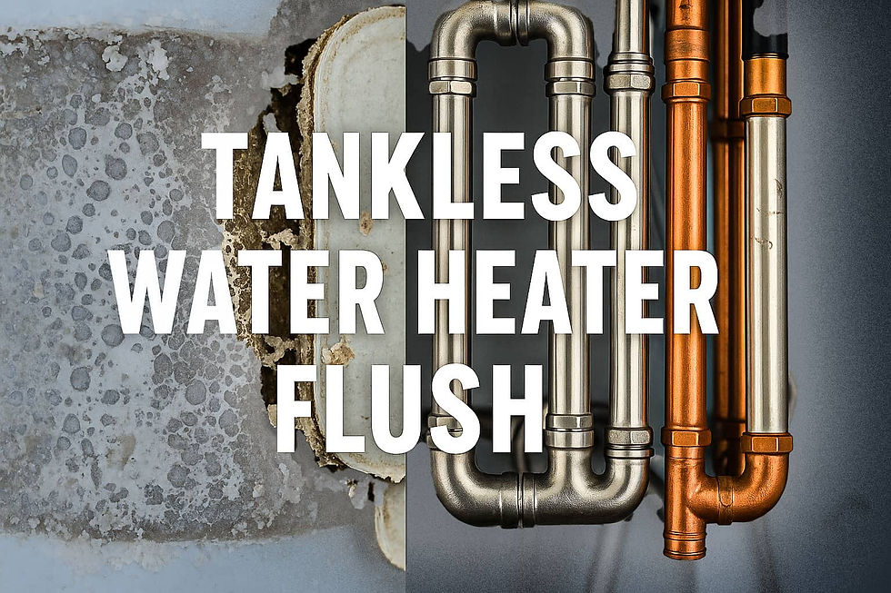 Split image showing before-and-after effects of a tankless water heater flush—heavy scale buildup on the left and clean copper and stainless steel piping on the right, with bold text reading 'Tankless Water Heater Flush' to emphasize maintenance benefits for Charleston, SC homeowners