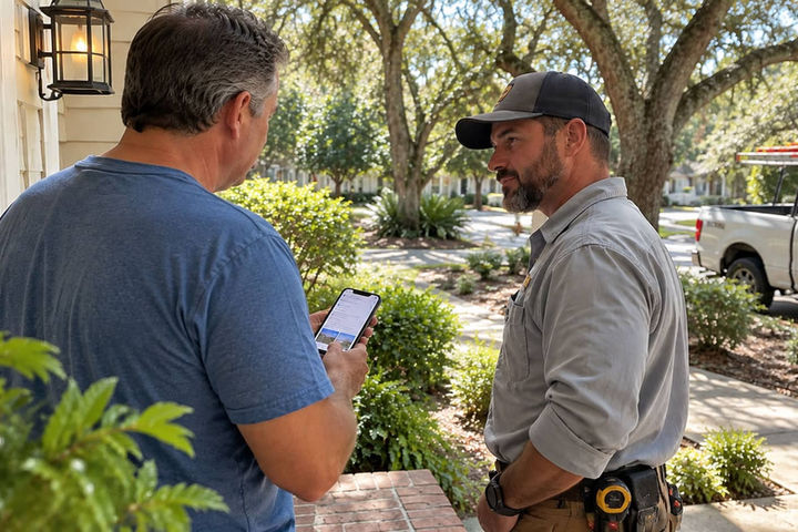Charleston homeowner meeting a local service professional after researching the business with AI search
