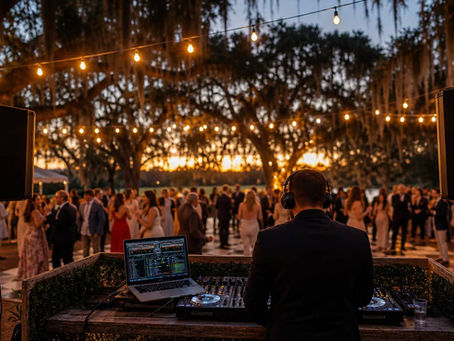Charleston wedding DJ setup outdoors under string lights at a Lowcountry reception