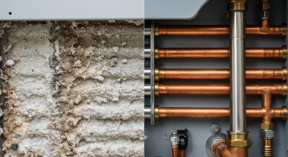 Side-by-side comparison of severe scale buildup and clean copper piping inside a tankless water heater, highlighting the benefits of a professional tankless flush in Charleston, SC.
