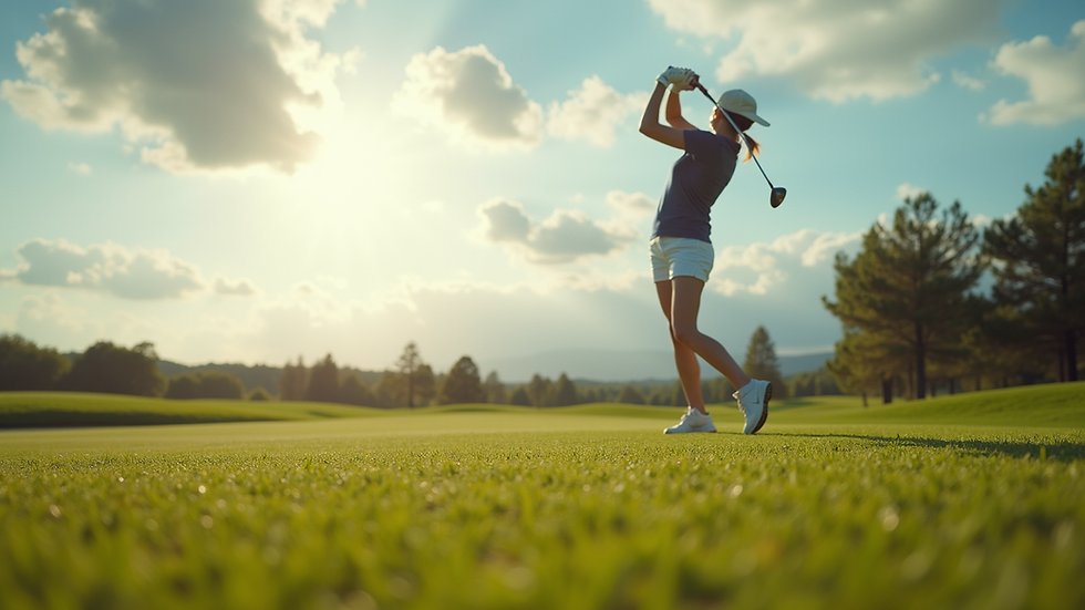 Eye-level view of a female golfer swinging her club on the green