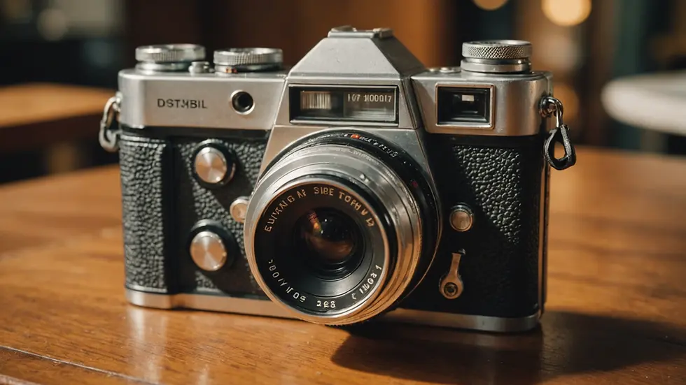 Close-up view of a vintage camera on a wooden table