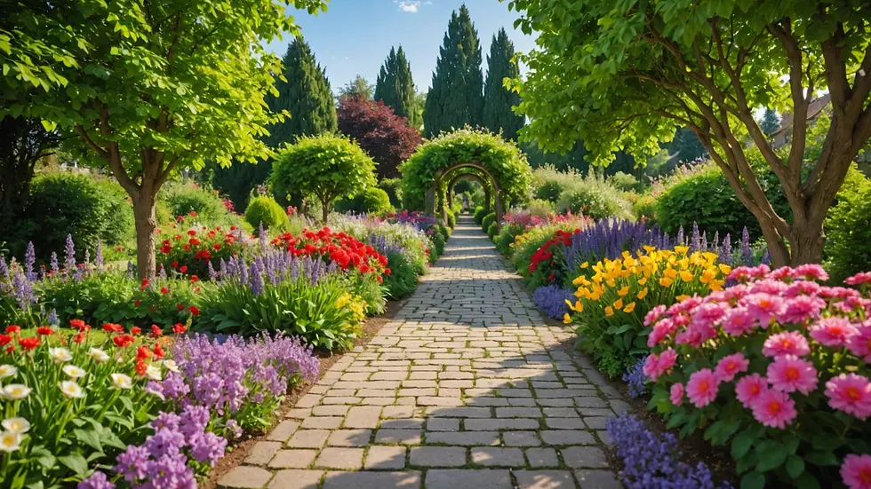 Eye-level view of a picturesque garden path surrounded by colorful flowers