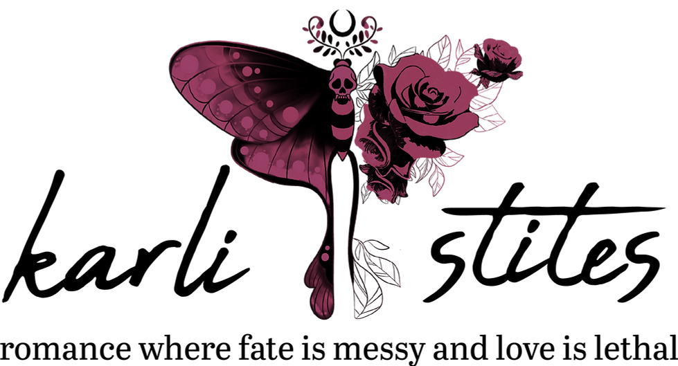 Social banner with a decorative moth centered between "Karli" and "Stites" above tagline "romance where fate is messy and love is fatal."