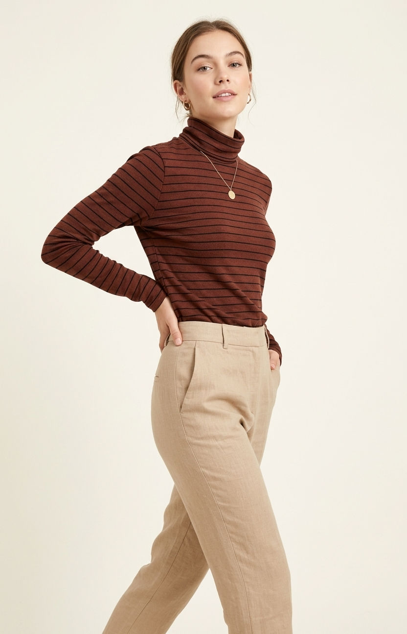 Chocolate Brown Striped Turtle Neck Knit Top
