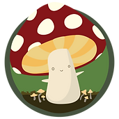 big red mushroom with white spots and a happy face, smaller mushrooms nearby, green background