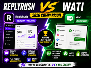 Split-screen comparison of ReplyRush and Wati Instagram DM automation dashboards