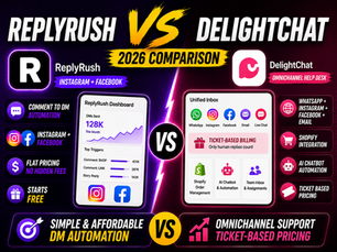 Split-screen comparison of ReplyRush and DelightChat omnichannel support dashboards