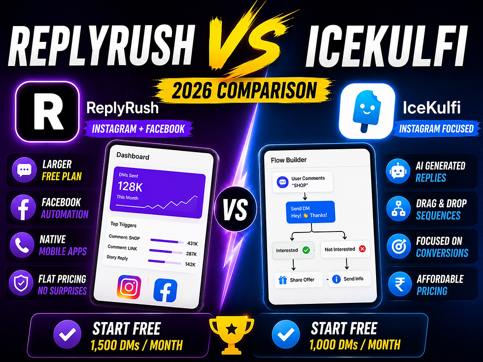 Split-screen comparison of ReplyRush and IceKulfi Instagram DM automation dashboards
