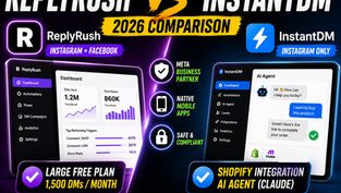 Split-screen comparison of ReplyRush and InstantDM Instagram DM automation dashboards