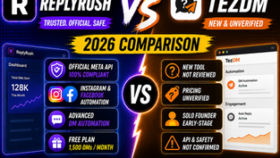 Split-screen comparison of ReplyRush and TezDM Instagram DM automation dashboards