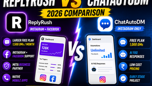 Split-screen comparison of ReplyRush and ChatAutoDM Instagram DM automation dashboards