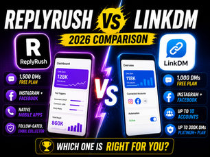Split-screen comparison of ReplyRush and LinkDM Instagram DM automation dashboards