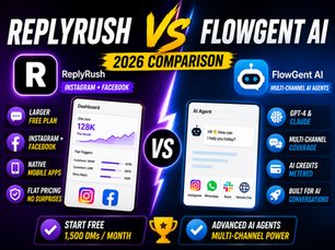 Split-screen comparison of ReplyRush and FlowGent AI Instagram DM automation dashboards