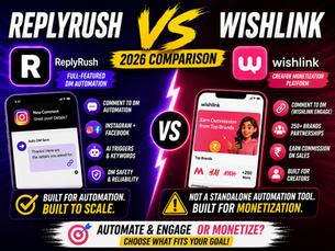 Split-screen comparison of ReplyRush and Wishlink Instagram automation for creators