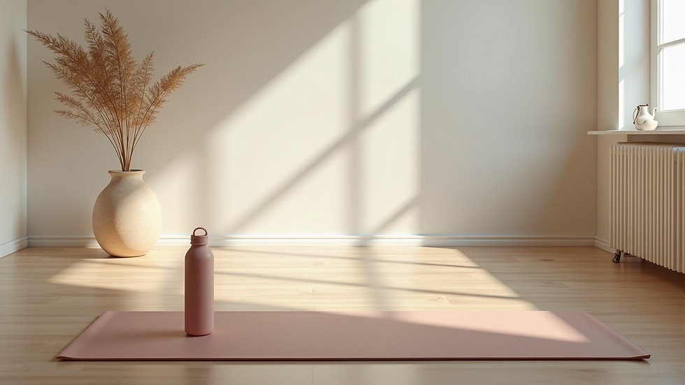 High angle view of a calm, empty room with a yoga mat and water bottle