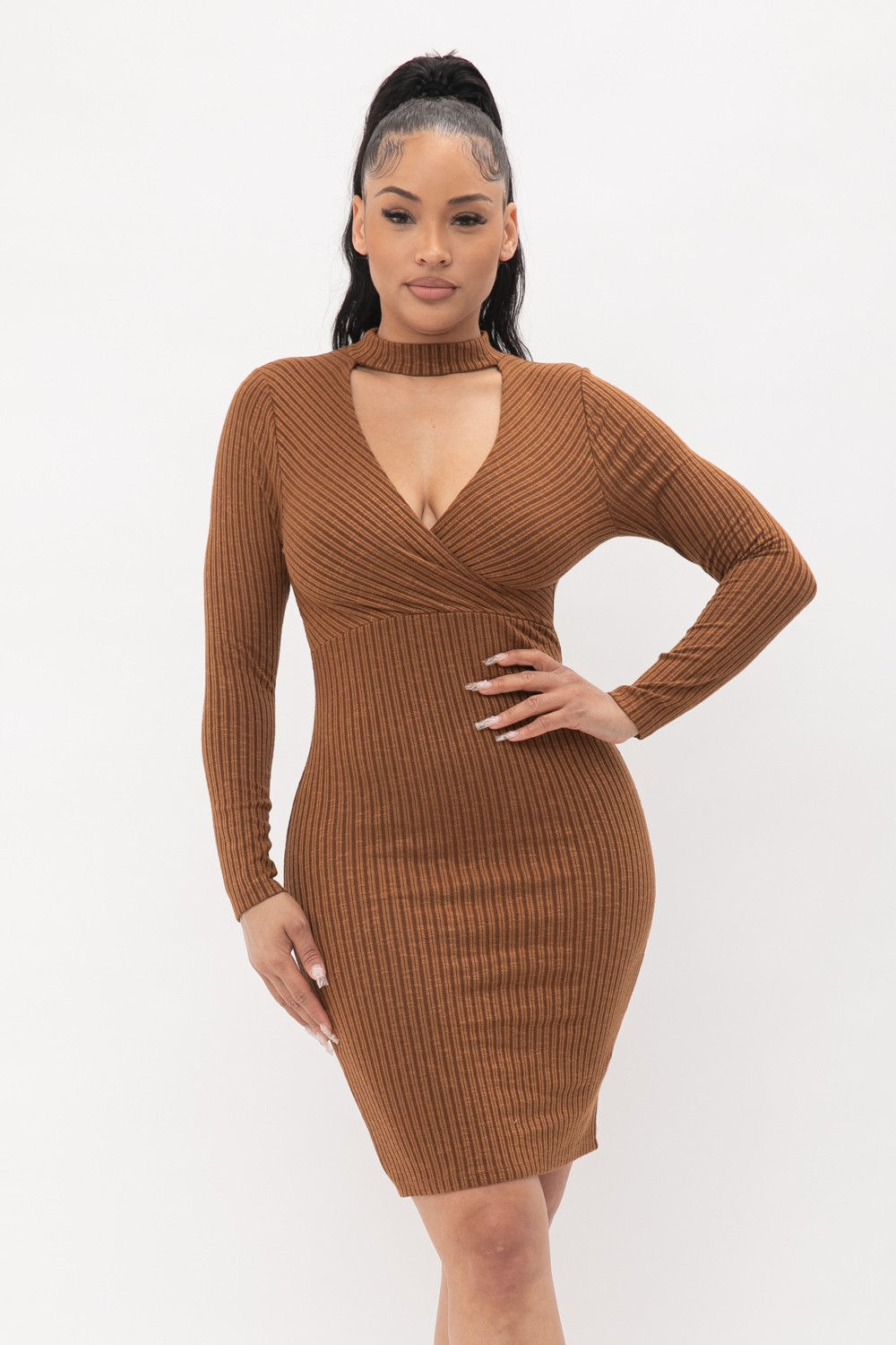 Sweater Rib Choker Neck Surplus Midi Dress
