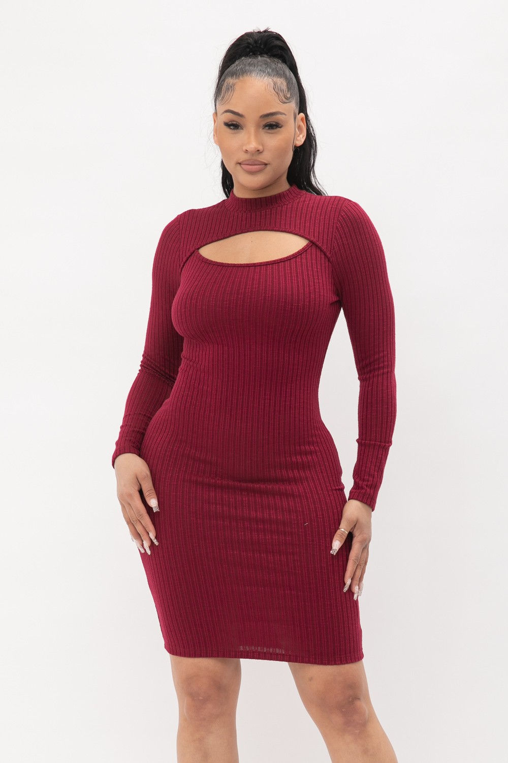 Sweater Rib Cut Out Pullover Style Mock Neck Dress