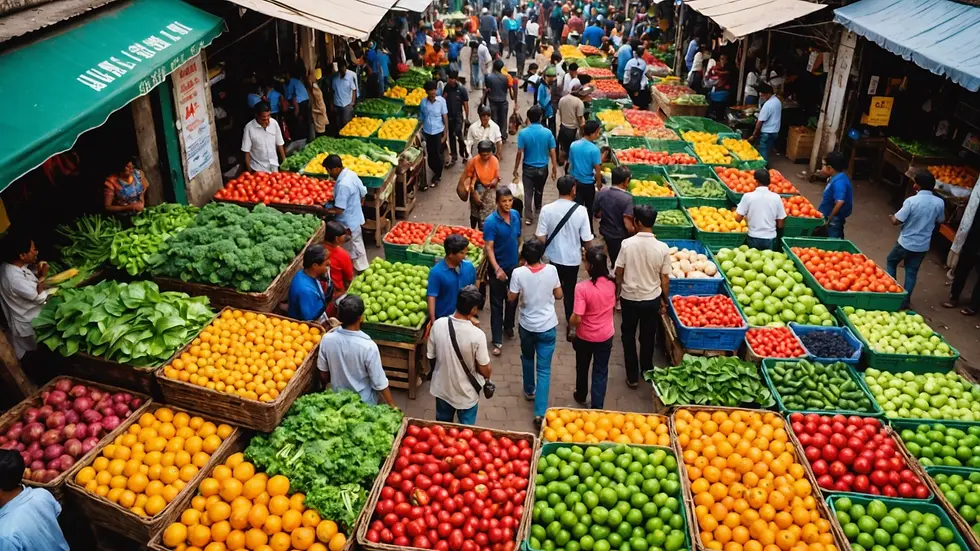 high-angle view of a bustling market with colorful fruits and vegetables