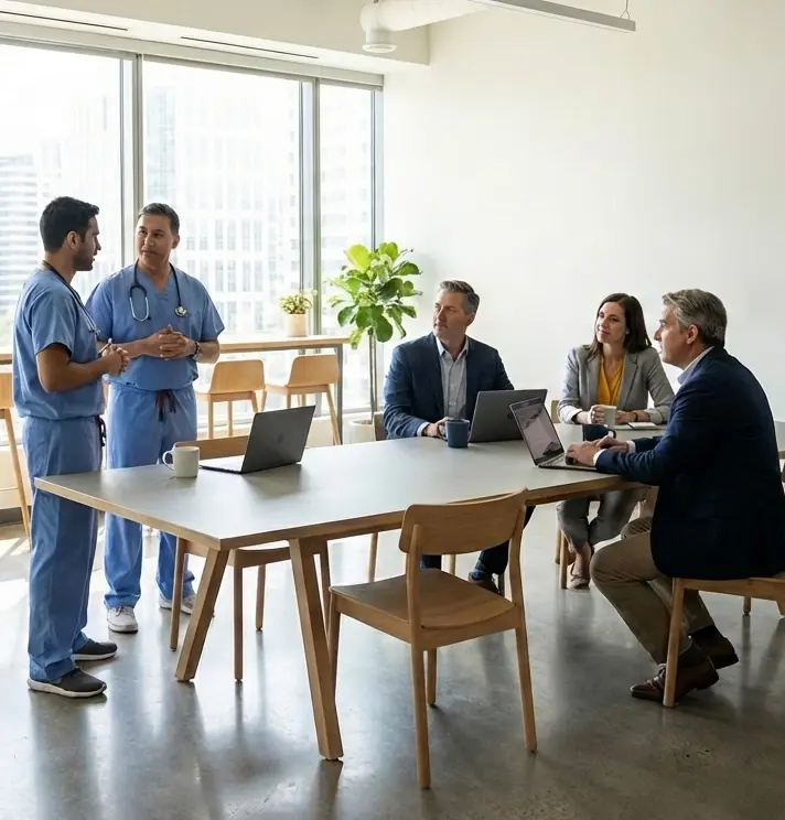 Clinical staff and healthcare administrators meeting in a modern conference room with laptops