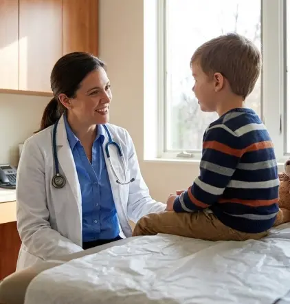 Pediatrician smiling and talking with a young patient during a clinic visit