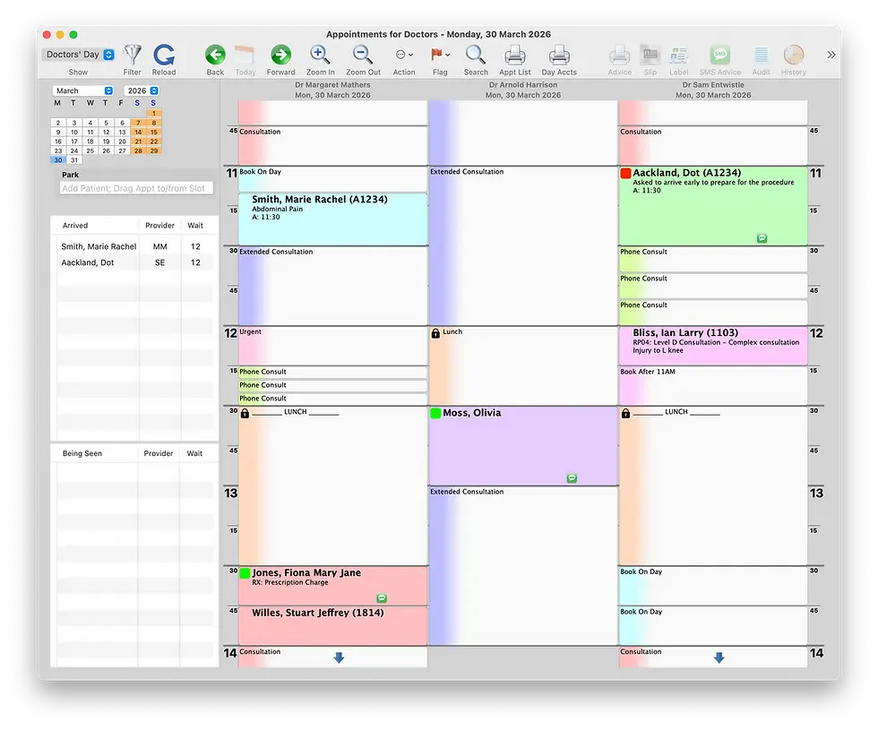 Aero Cloud electronic medical record software for Mac displaying the calendar view