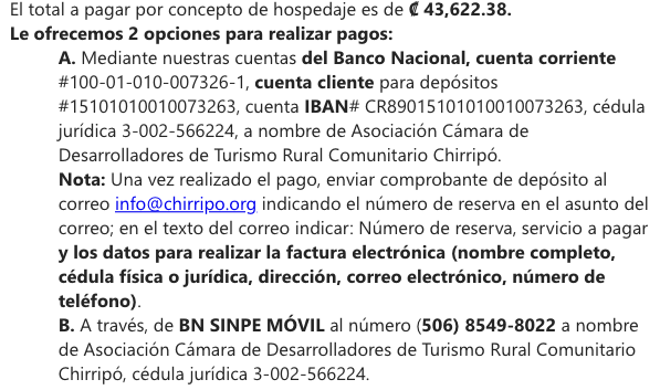 E-mail de confirmation de réservation du Cerro Chirripo