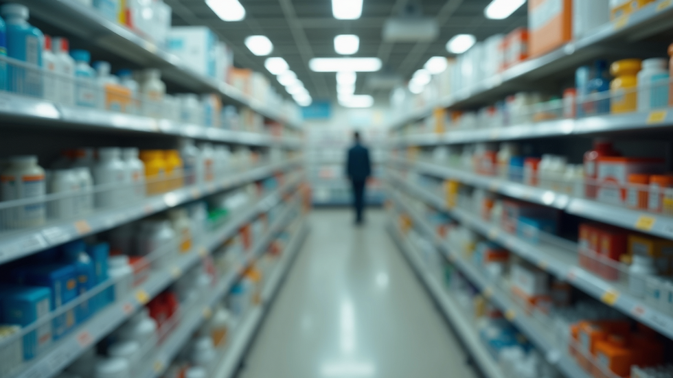 Eye-level view of a local pharmacy shelf stocked with various medications