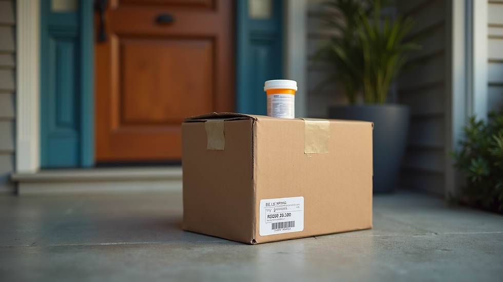 Eye-level view of a delivery box with prescription medications on a doorstep