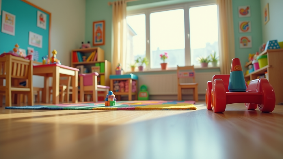 Eye-level view of a colorful daycare classroom filled with toys and learning materials