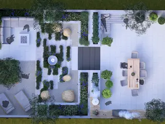 Design visualisation gallery – 3D courtyard garden top view with seating and planting layout