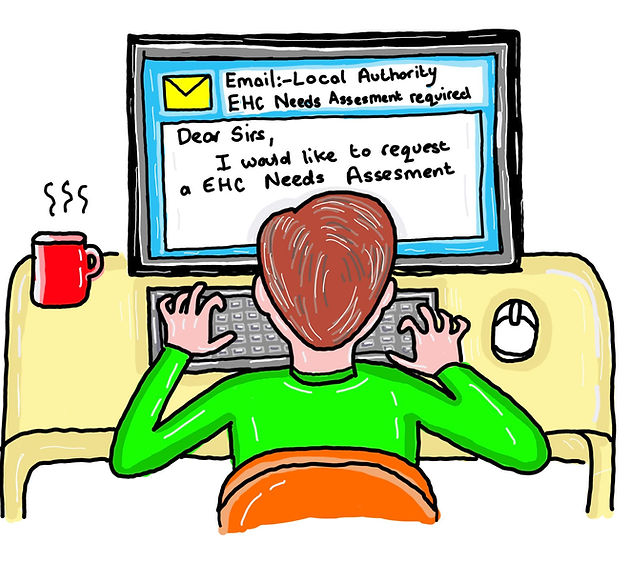 child-like drawing of a person in a green shirt types an email titled "EHC Needs Assessment" on a computer