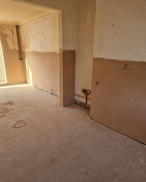 Bare interior room undergoing renovations with unpainted plaster walls and concrete floors under treatment