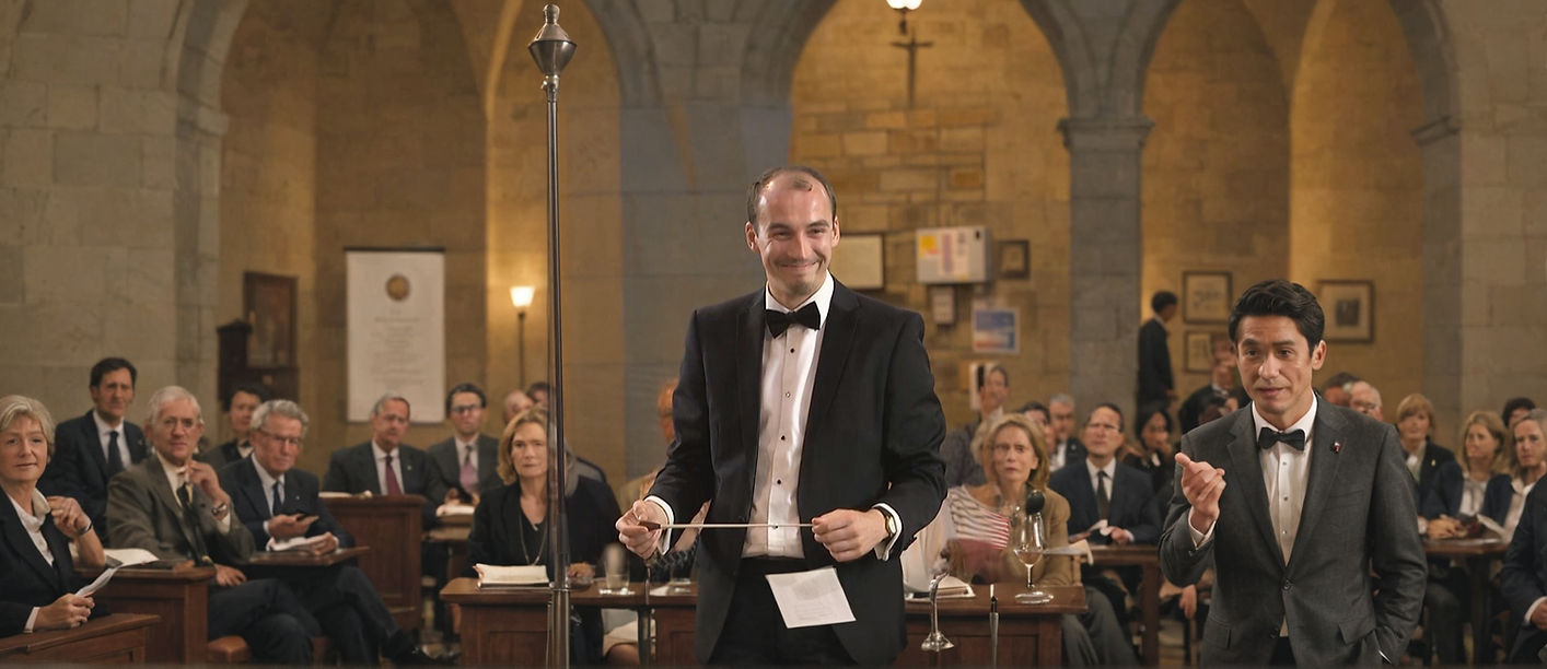 A conductor in a tuxedo stands smiling in front of an audience in a formal, stone-walled hall