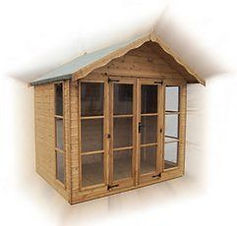 Ascot timber garden summerhouse with decorative scalloped roof and large glass paneled double doors