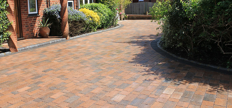 A brick driveway leads to a brick path, showcasing a cohesive design in a landscaped outdoor setting