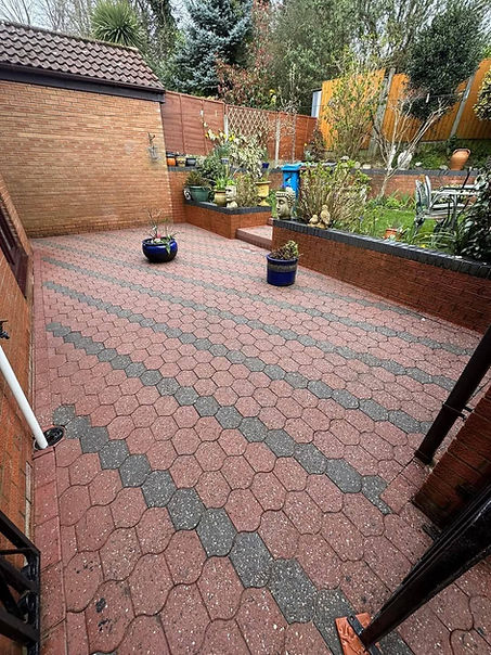 Block paved patio in a landscaped residential garden