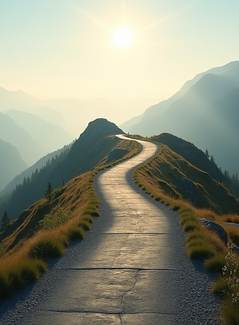 A serene mountain path winding upwards, bathed in soft morning light, symbolizing a journe