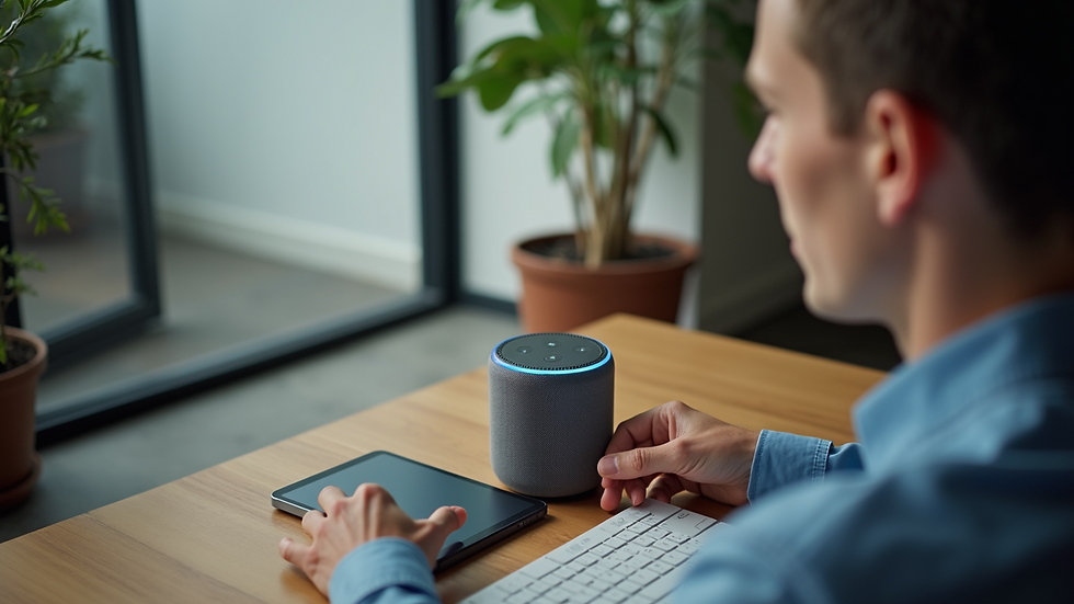 High angle view of a user interacting with a smart speaker