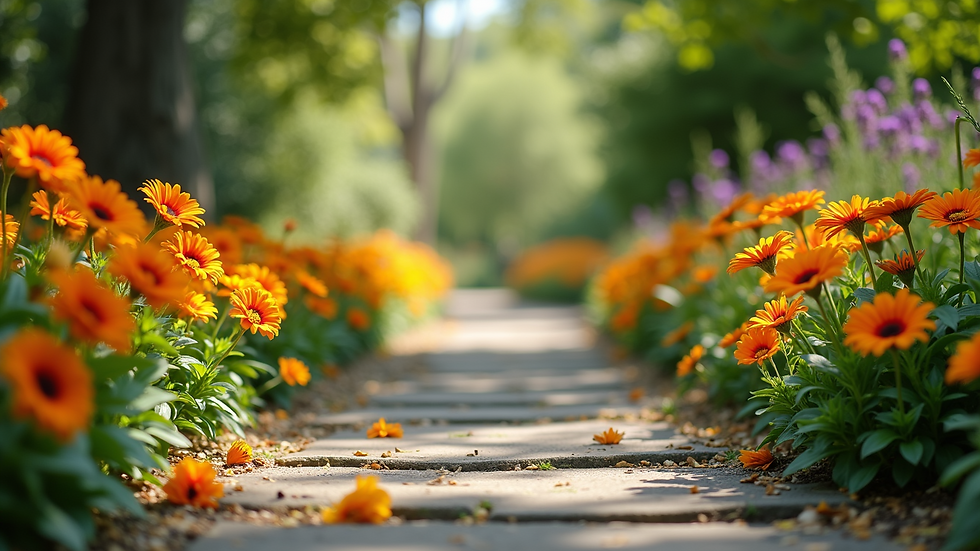 Eye-level view of a serene garden path with vibrant flowers