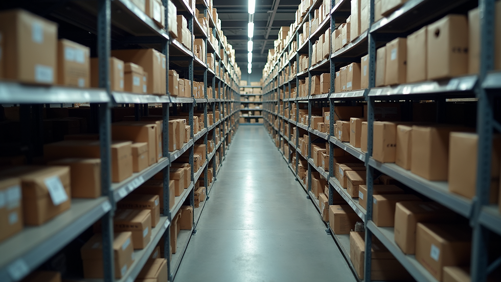 High angle view of shelves filled with organised inventory