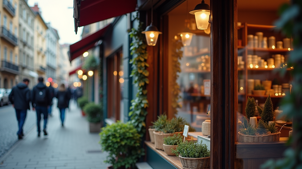Close-up view of a quaint storefront on a lively street