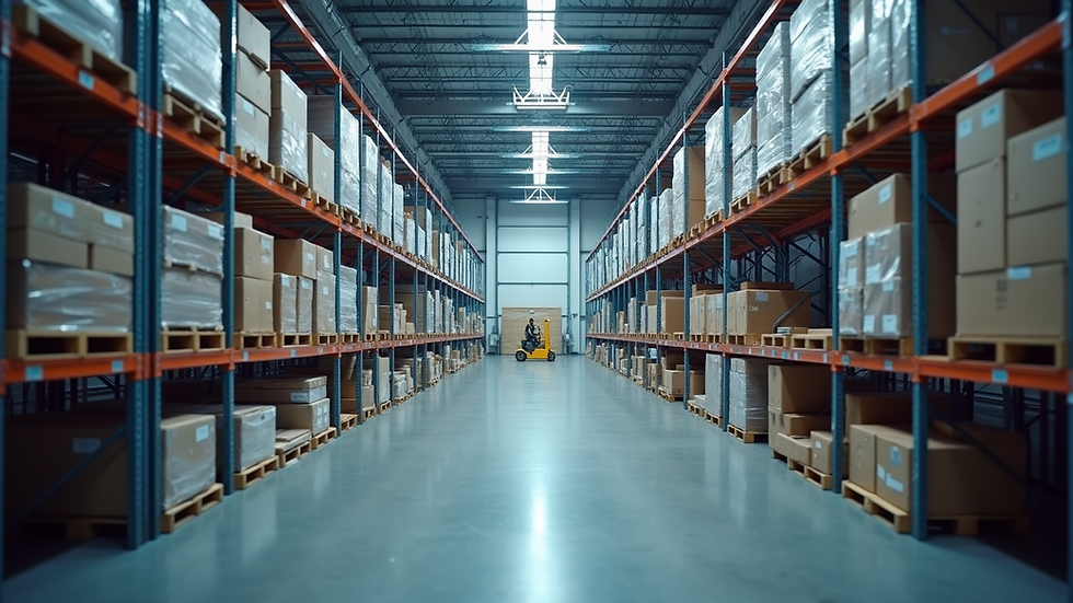 Wide angle view of a modern automated warehouse