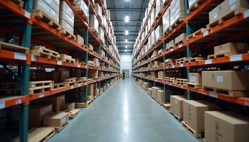 Close-up view of shelves filled with various products in a warehouse