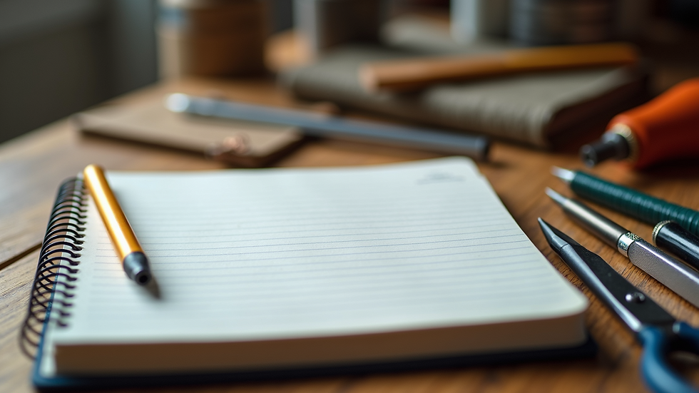 Close-up view of a notepad and a crafted project with assorted tools