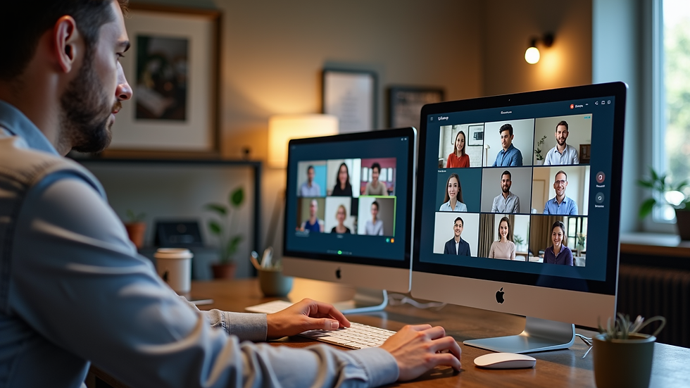 High angle view of a desk with multiple devices showing different online meeting platforms